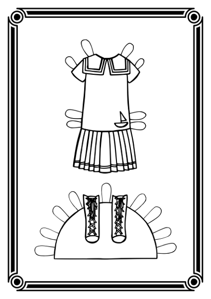 Madrusekrae ja volditud seelikuga kleit, millel on kaunistuseks stiliseeritud purjekas pihiku küljel. Lisaks nöörsaapad.