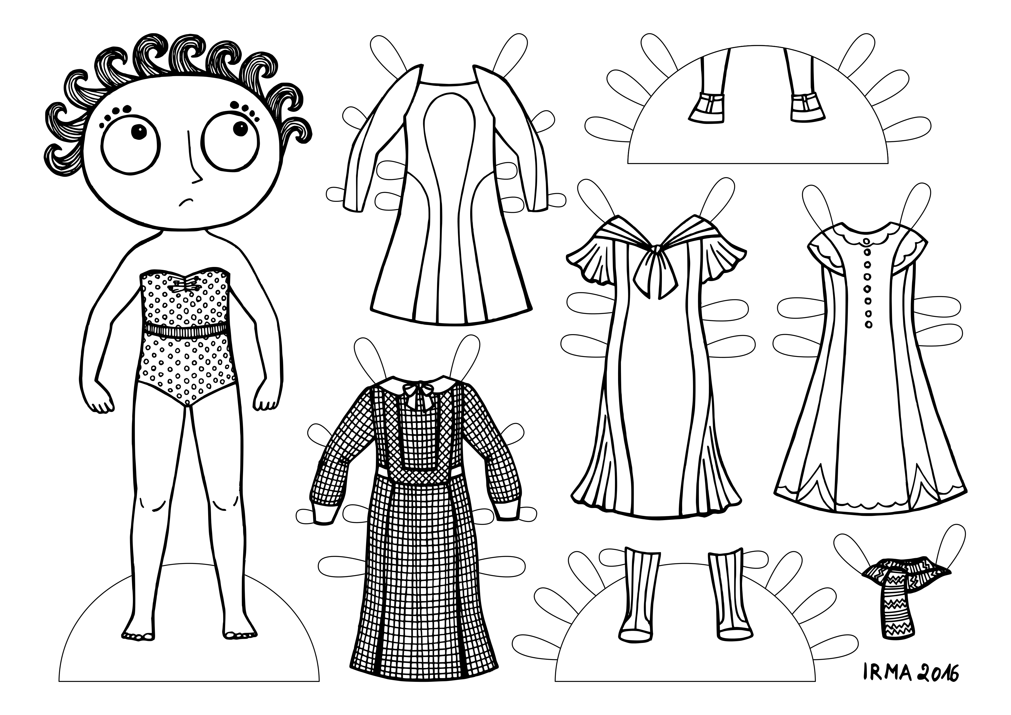 Pabernukk, mis kujutab suure pea, suurte silmadega ja merelaineid meenutavate lokkidega naist. Tal on seljas vööga trikoo ning tema kõrval on neli kleiti, saapad, kingad ja sall. All on väike kiri: IRMA 2016.