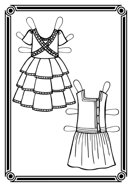Kaks kleiti, üks kolmest kihist satsidest seelikuga ja rinnal risutvate kaunistustega ning teine asümmeetrilise nööpkinnisse ja triipudega servadel.