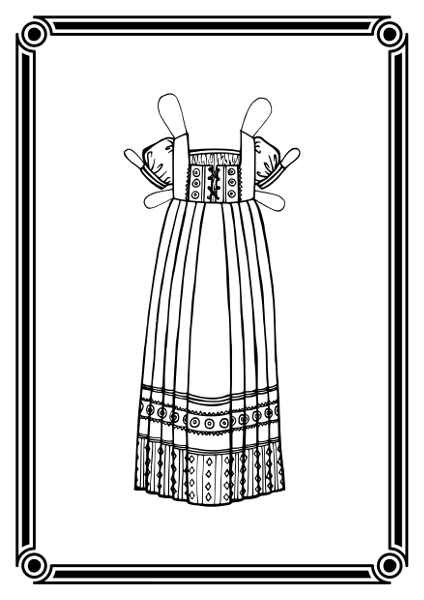 Pikk ampiirlÕikeline kleit lühikeste puhvvarukate ja geomeetriliste mustritega. Sellele on ees paelast kinnis.