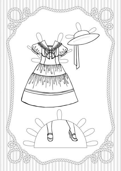 Madrusekrae, suure lehvi ja kroogitud seelikuga kleit ning laia servaga kübar ja kontsakingad.