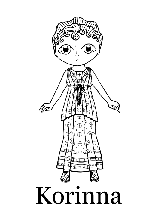 Liialdatult suure peaga tüdruk, kes kannab Vana-Kreekast inspireeritud kleiti. Tal on lokkis tukad ja üles pandud soeng. Tema alla on kirjutatud nimi Korinna.