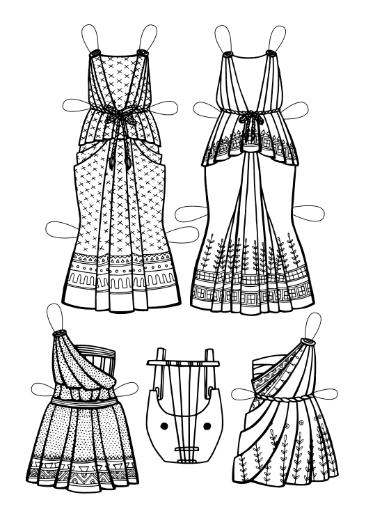 Kaks pikka kleiti ja kaks lühikest. Kleitidel on geomeetrilised mustrid ja stiliseeritud taimed. Kleitide vahel on lüüra.