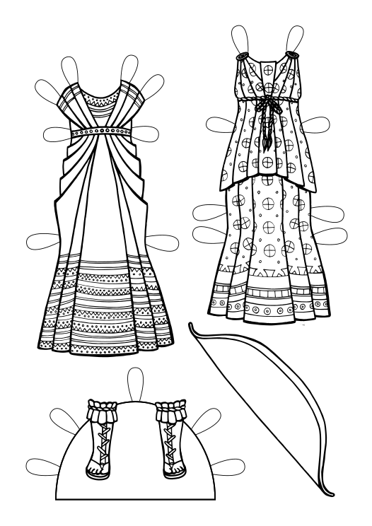Kaks pikka kleiti geomeetriliste mustritega, paar kõrgeid sandaale ja vibu.