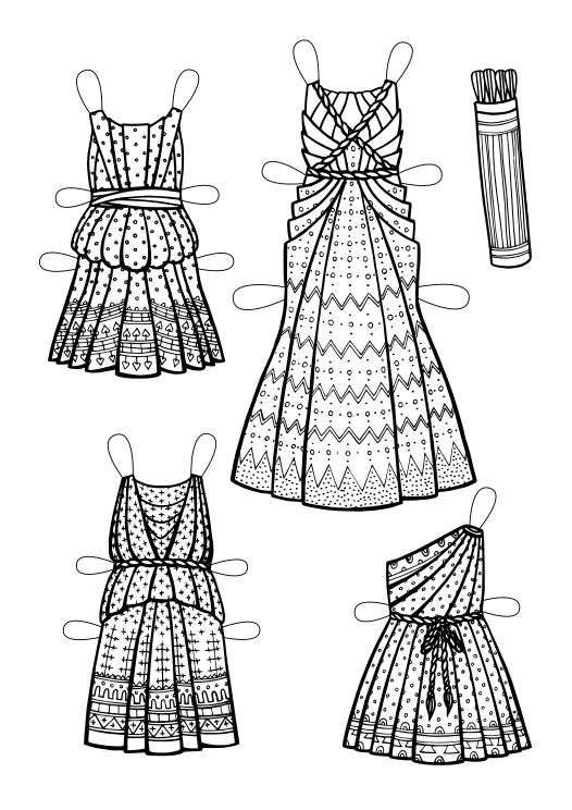Kolm lühikest ja üks pikk kleit geomeetriliste mustritega. Need on selga sätitud vöödega. Lisaks nooletupp nooltega.