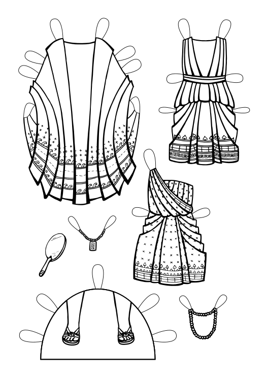 Avar mantel stiliseeritud lainemustriga, kaks lühikest kleiti, sandaalid, kaks helmekeed ja peegel.